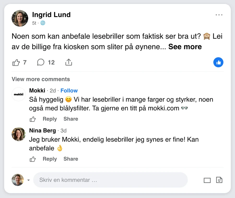 Facebook comments ad for Mokki